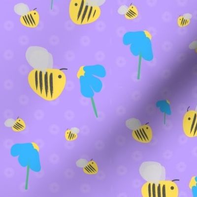 Bumble Bee Buzz on Purple with Blue Flowers