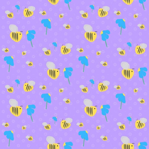 Bumble Bee Buzz on Purple with Blue Flowers