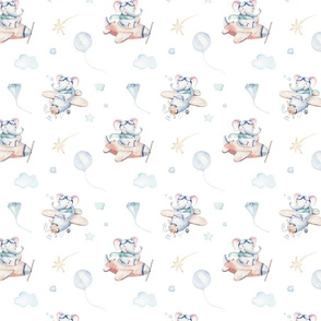 Watercolor baby elephant cartoon cute animal pattern background of fancy sky transport complete with  blue airplanes balloons, clouds 