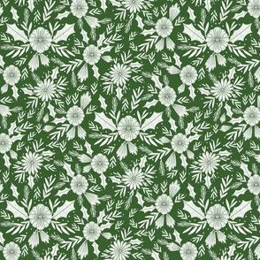 SMALL christmas woodcut botanical fabric - block print holiday design - green