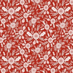 SMALL christmas woodcut botanical fabric - block print holiday design - red