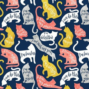 Tiny scale // Be like a cat // midnight blue background white coral yellow and gray cat silhouettes with affirmations