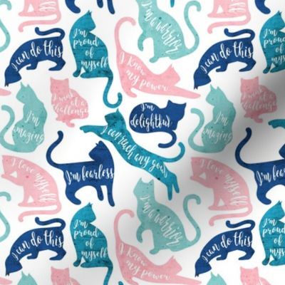Tiny scale // Be like a cat // white background pastel pink blue aqua and teal cat silhouettes with affirmations