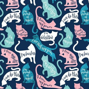 Tiny scale // Be like a cat // midnight blue background white pastel pink aqua and teal cat silhouettes with affirmations