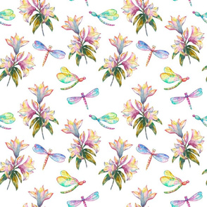Watercolor Dragonfly and delicate flowers seamless botanical pattern on white