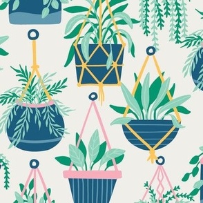 Large Hanging Potted Plants Boho Botanical  Nature in green and navy blue on off white