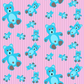 Teddy Bear Tumble - Baby Blue Bear on a soft pink stripe