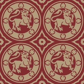 Medieval Lions in Circles, red and tan