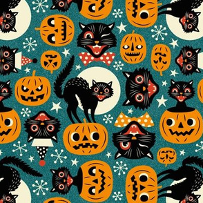 Small Scale  / Spooky Vintage Cats And Pumpkins / Dark Blue 