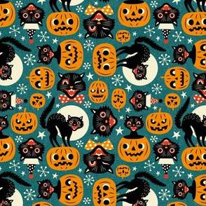 Micro Scale  / Spooky Vintage Cats And Pumpkins / Dark Blue 