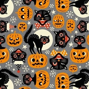 Spooky Vintage Cats And Pumpkins / Grey / Small Scale 