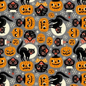 Micro Scale  / Spooky Vintage Cats And Pumpkins / Grey 