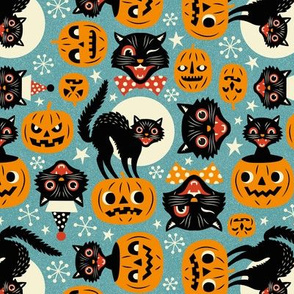 Small Scale  / Spooky Vintage Cats And Pumpkins / Light Blue 