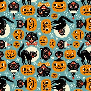 Micro Scale  / Spooky Vintage Cats And Pumpkins / Light Blue 