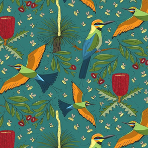 Rainbow Bee-Eaters On Teal 