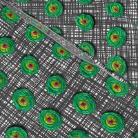 Oil paint rosettes, green with magenta centers on gray net by Su_G_©SuSchaefer2020