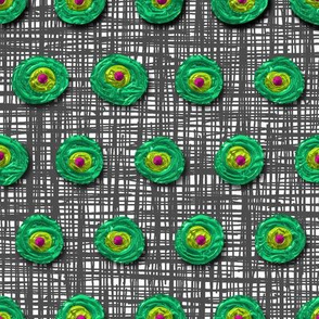 Oil paint rosettes, green with magenta centers on gray net by Su_G_©SuSchaefer2020