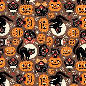 Micro Scale /  Spooky Vintage Cats And Pumpkins / Maroon  