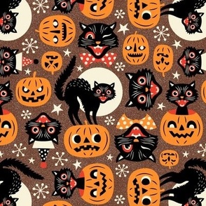 Small Scale  / Spooky Vintage Cats And Pumpkins / Maroon 