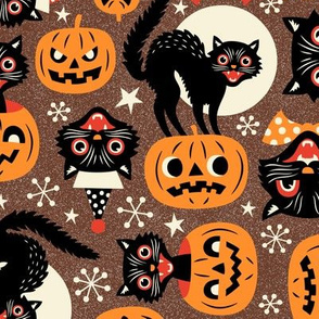 Large Scale / Spooky Vintage Cats And Pumpkins / Maroon 