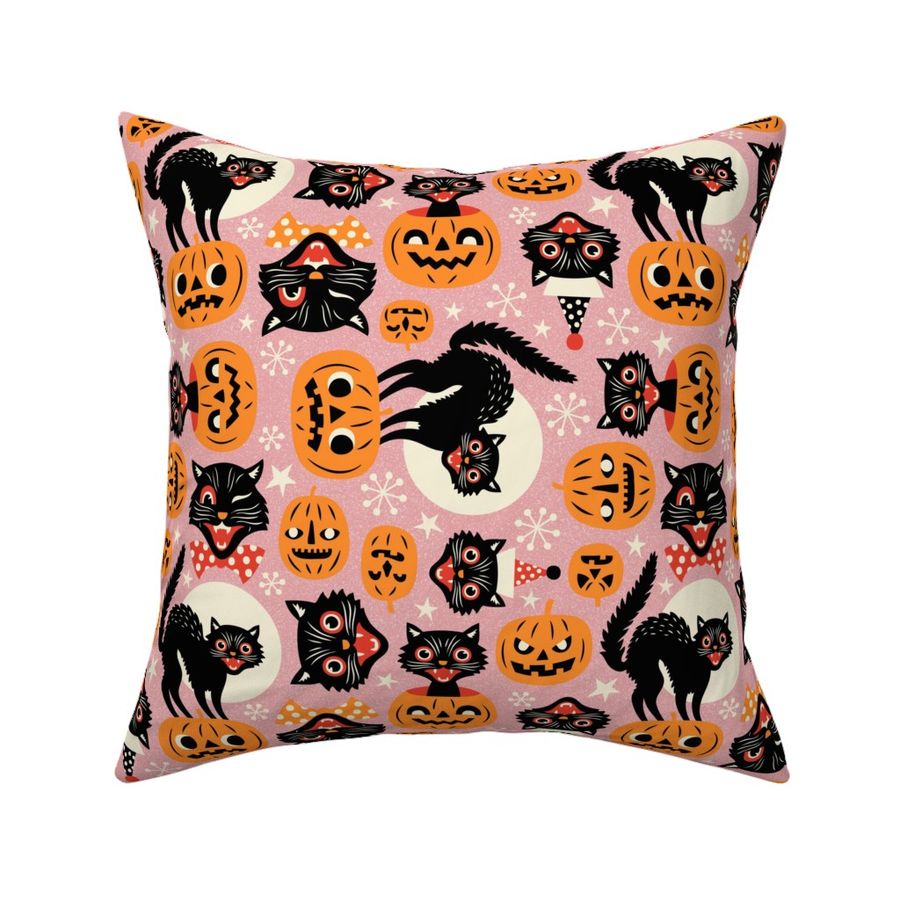 Large Scale  / Spooky Vintage Cats And Pumpkins / Pink 