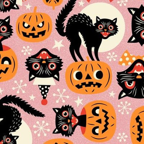 Large Scale  / Spooky Vintage Cats And Pumpkins / Pink 