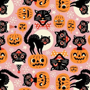 Small Scale  / Spooky Vintage Cats And Pumpkins / Pink 
