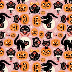 Micro Scale  / Spooky Vintage Cats And Pumpkins / Pink 
