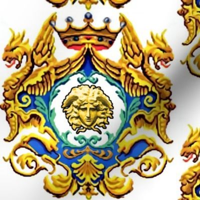 medusa gold blue green yellow crowns dragons wings flowers floral filigree leaves leaf frame baroque Victorian coat of arms rococo flourish swirls herald ornate frames crest acanthus gorgons wings Greek Greece mythology neoclassical   inspired    