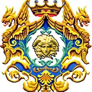 medusa gold blue green yellow crowns dragons wings flowers floral filigree leaves leaf frame baroque Victorian coat of arms rococo flourish swirls herald ornate frames crest acanthus gorgons wings Greek Greece mythology neoclassical   inspired    