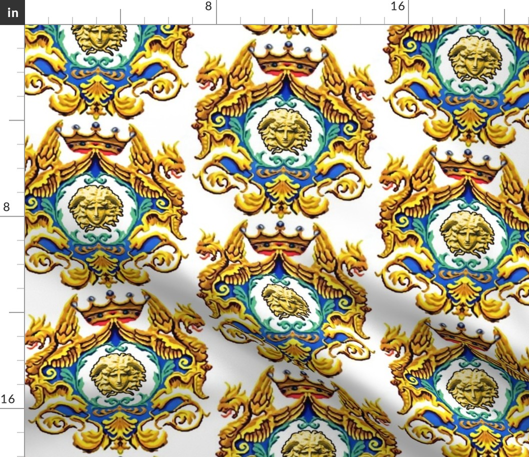 medusa gold blue green yellow crowns dragons wings flowers floral filigree leaves leaf frame baroque Victorian coat of arms rococo flourish swirls herald ornate frames crest acanthus gorgons wings Greek Greece mythology neoclassical   inspired    
