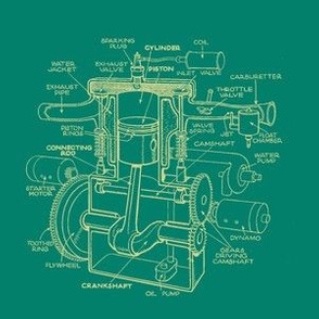 Single-cylinder T-head engine in gold on green