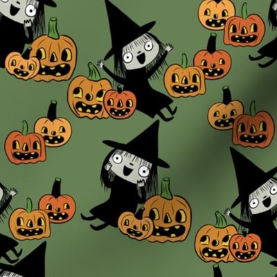 Pumpkin Patch Witches On Green