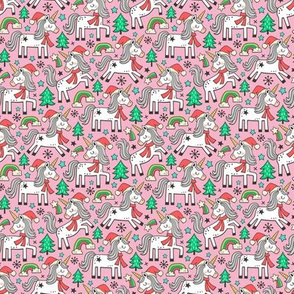 Christmas Holidays Unicorn Rainbow & Tree Doodle on Light Pink Smaller 1,5 inch