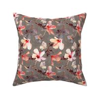 Butterflies and Hibiscus Flowers - warm coral & grey - small
