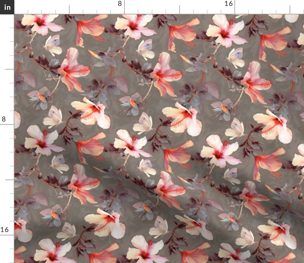 Butterflies and Hibiscus Flowers - warm coral & grey - small