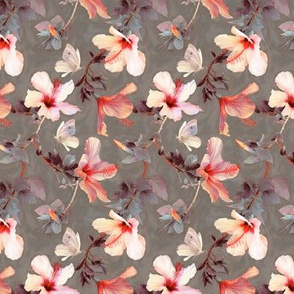 Butterflies and Hibiscus Flowers - warm coral & grey - tiny