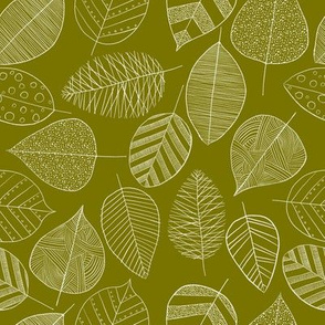 Sketchy Leaves - handdrawn intricate & whimsical leaves in white on green background