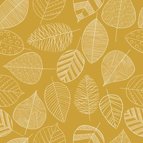 Sketchy Leaves - handdrawn intricate & whimsical leaves in white on mustard yellow