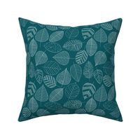 Sketchy Leaves - handdrawn intricate & whimsical leaves in white on teal background