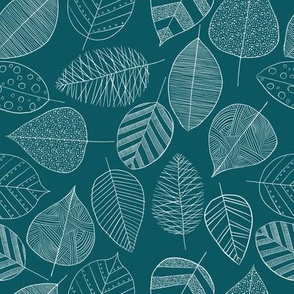Sketchy Leaves - handdrawn intricate & whimsical leaves in white on teal background