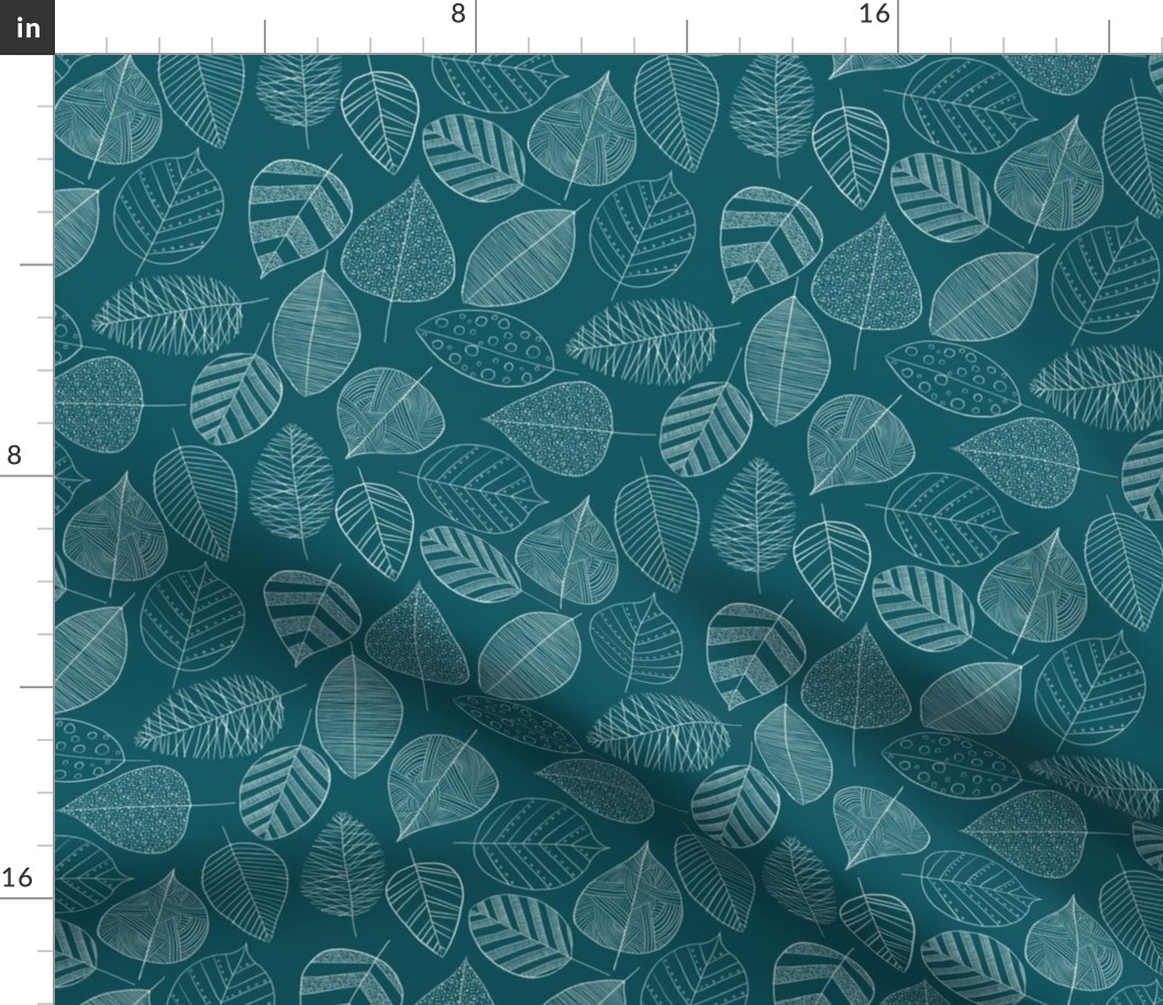 Sketchy Leaves - handdrawn intricate & whimsical leaves in white on teal background
