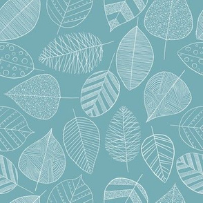 Sketchy Leaves - handdrawn intricate & whimsical leaves in white on turquoise background