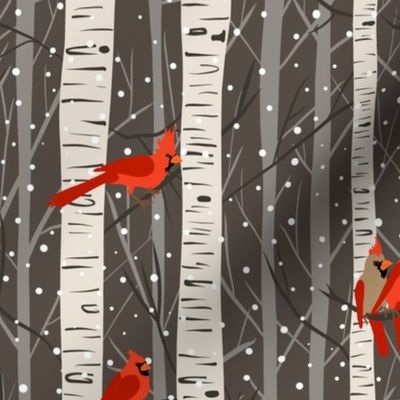 Snowy Evening Cardinals in Birch Trees