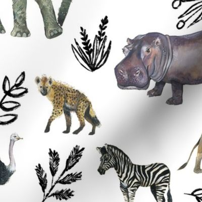 Medium Safari Party with Black Plant Sketches //Painted Safari Animals