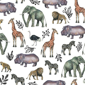 Large Safari Party with Black Plant Sketches // Painted Safari Animals