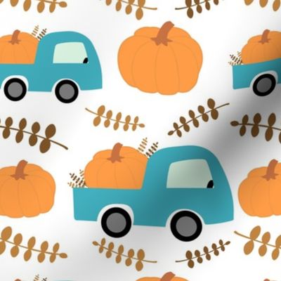 Pumpkin in farm car. Blue and yellow autumn harvest