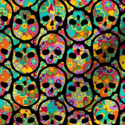 Day of the Dead Flowered Skull BLACK on multi - SMALL