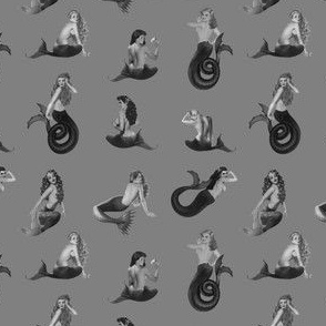 Small Mermaids Grayscale on Gray