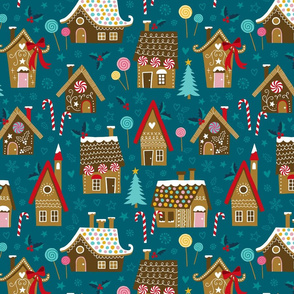 Gingerbread village with candy teal